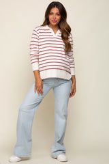 Rust Striped V-Neck Collared Maternity Sweater