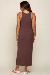 Brown Sleeveless Ribbed Side Slit Maternity Maxi Dress