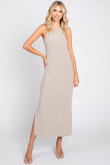 Taupe Sleeveless Ribbed Side Slit Maternity Maxi Dress