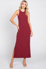 Burgundy Sleeveless Ribbed Side Slit Maternity Maxi Dress