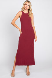 Burgundy Sleeveless Ribbed Side Slit Maxi Dress