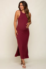 Burgundy Sleeveless Ribbed Side Slit Maternity Maxi Dress