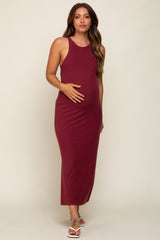 Burgundy Sleeveless Ribbed Side Slit Maternity Maxi Dress