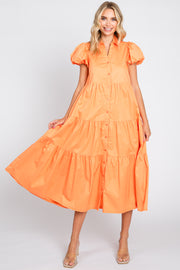 Orange Puff Sleeve Button Down Midi Dress