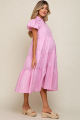 Pink Puff Sleeve Button Down Maternity Midi Dress