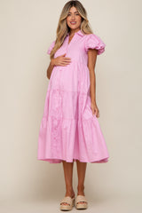 Pink Puff Sleeve Button Down Maternity Midi Dress