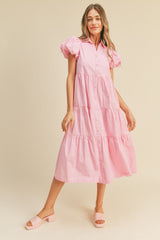 Pink Puff Sleeve Button Down Midi Dress