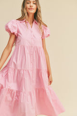 Pink Puff Sleeve Button Down Midi Dress