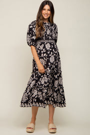 Black Floral Smocked Ruffle Tiered Maternity Midi Dress