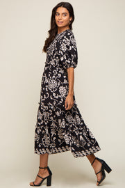 Black Floral Smocked Ruffle Tiered Midi Dress