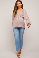 Rust Floral Smocked Front Tie Long Sleeve Maternity Top