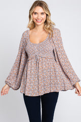 Rust Floral Smocked Front Tie Long Sleeve Top