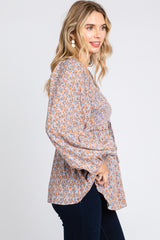 Rust Floral Smocked Front Tie Long Sleeve Top