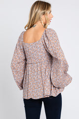 Rust Floral Smocked Front Tie Long Sleeve Top