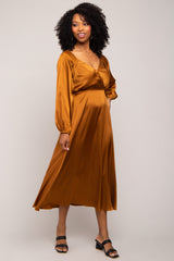 Mocha Satin Wrap Top Midi Dress