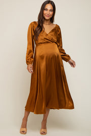 Mocha Satin Wrap Top Maternity Midi Dress