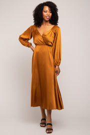 Mocha Satin Wrap Top Midi Dress