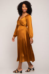 Mocha Satin Wrap Top Midi Dress