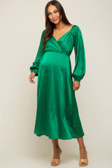 Green Satin Wrap Top Maternity Midi Dress