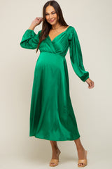 Green Satin Wrap Top Maternity Midi Dress