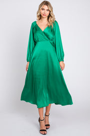 Green Satin Wrap Top Midi Dress