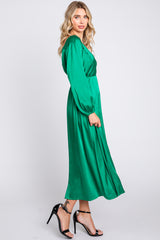 Green Satin Wrap Top Midi Dress