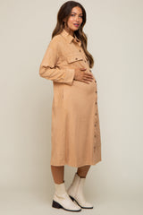 Camel Knit Corduroy Button Down Maternity Midi Dress