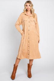 Camel Knit Corduroy Button Down Midi Dress