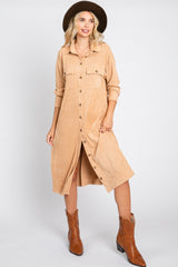 Camel Knit Corduroy Button Down Midi Dress