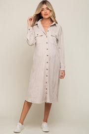 Beige Knit Corduroy Button Down Maternity Midi Dress