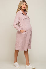 Light Pink Knit Corduroy Button Down Maternity Midi Dress