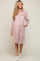 Light Pink Knit Corduroy Button Down Maternity Midi Dress