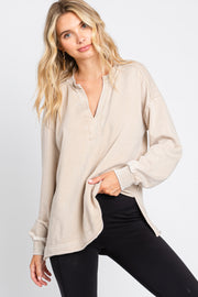 Beige Mineral Washed Terry Knit Top