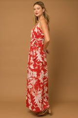 Red Floral Palm Print Wrap Maxi Dress