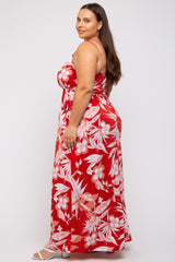 Red Floral Palm Print Wrap Plus Maxi Dress