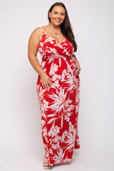 Red Floral Palm Print Wrap Plus Maxi Dress