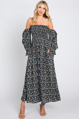 Black Floral Square Neck Smocked Long Sleeve Maternity Maxi Dress