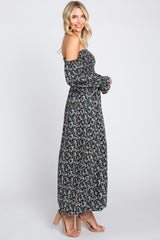 Black Floral Square Neck Smocked Long Sleeve Maxi Dress