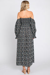 Black Floral Square Neck Smocked Long Sleeve Maxi Dress