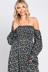 Black Floral Square Neck Smocked Long Sleeve Maxi Dress