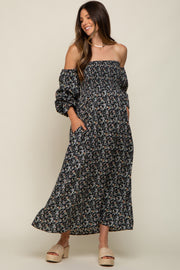 Black Floral Square Neck Smocked Long Sleeve Maternity Maxi Dress