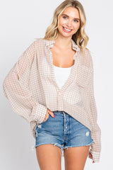 Beige Grid Print Semi Sheer Button Up Top