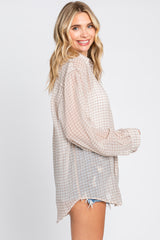 Beige Grid Print Semi Sheer Button Up Top