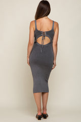 Grey Rib Knit Lace Up Back Maternity Midi Dress