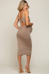 Beige Rib Knit Lace Up Back Maternity Midi Dress