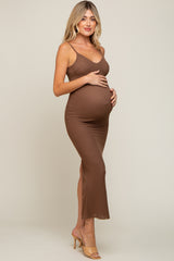 Mocha Mesh Knit Sleeveless Maternity Maxi Dress