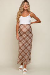 Mocha Plaid Mesh Maternity Maxi Skirt