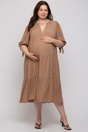 Camel Striped Tiered Maternity Plus Midi Dress