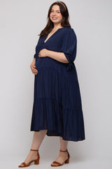 Navy Blue Striped Tiered Maternity Plus Midi Dress