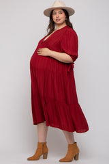 Burgundy Striped Tiered Maternity Plus Midi Dress